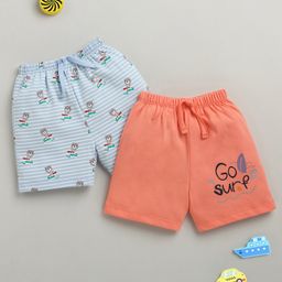 BUMZEE Cotton Pack Of 2 Teddy Bear & Go Surf Text Printed Shorts - Coral & Sky Blue-image-12