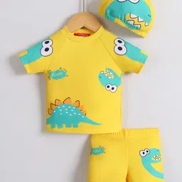 Babyhug Half Raglan Sleeves Two Piece Swimsuit With Dino Print & Cap - Yellow-picture-16