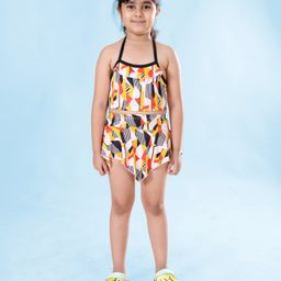 Kiddopanti Sleeveless Abstract Printed Coordinating Top & Asymmetrical Skirt Set - Orange & Yellow-picture-10
