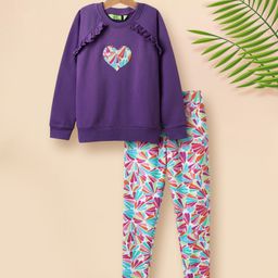 Tiara Fleece Knit Full Sleeves Heart Embroidered Frill Detailed Sweatshirt & Abstract Printed Leggings Set - Purple-image-33