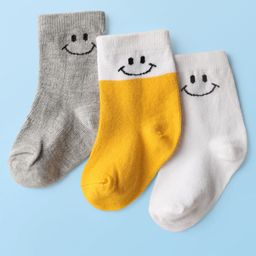Cute Walk by Babyhug Knit Ankle Length Anti Bacterial Socks with Smiley Design Pack of 3 - Yellow White & Grey-image-84