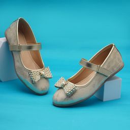 boyz n galz Bow Applique Detailed Pearls Embellished Shimmered Velcro Closure Mary Jane Ballerinas - Gold-image-41