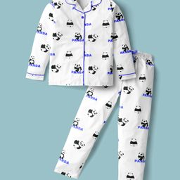 Doreme Single Jersey Knit Full Sleeves Co-Ord Night Suit with Panda Print - White-image-87