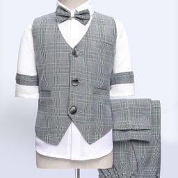 Rikidoos Full Sleeves Checked 3 Piece Party Suit Set With Bow - Grey & White-picture-34