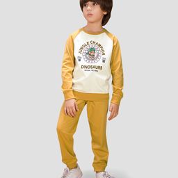 TRESNOVA Cotton Knit Full Raglan Sleeves Jungle Champion Text & Dinosaur Printed Antimicrobial Tee & Joggers Set - Off White-image-19