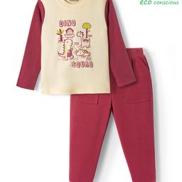Babyoye 100% Cotton Knit Full Sleeves Winter Wear Suit Set With Dino Print - Beige & Maroon-picture-33