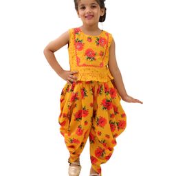 Lil' Drama Cotton Knit Sleeveless Floral Printed Sequins Embellished Top & Dhoti Set - Mustard-picture-12