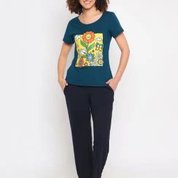 Clovia Blue & Black Graphic Print Top With Pyjamas-picture-12