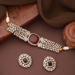 Saraf RS Jewellery Ruby Red Mossanite Kundan Statement Classic Necklace & Earring Set-24