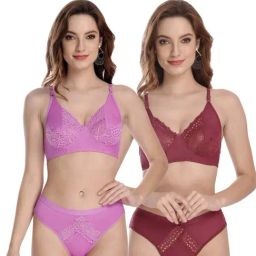 AROUSY Pink & Maroon Self Pattern Bra Panty Set - Pack Of 2-image-82