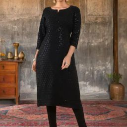 Soch Black Rayon Sequin Embroidered Boat-Neck Straight Kurta-image-49