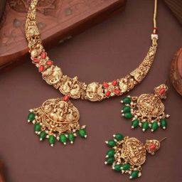 Saraf RS Jewellery Red Classic Coral Studded Lakshmiji Temple Necklace & Earring Set-image-44