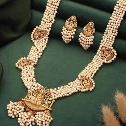 Saraf RS Jewellery White Classic Pearl Beaded Haram Temple Lakshmiji Necklace & Earring Set-29
