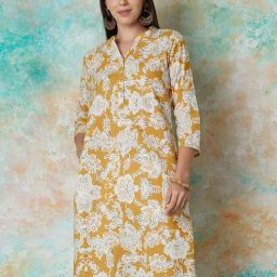 Melange by Lifestyle Mustard Cotton Printed Straight Kurta-image-12
