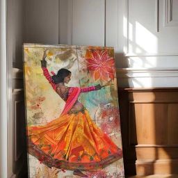 Art Street Orange Lady Kathak Dance Stretched Canvas Painting-34