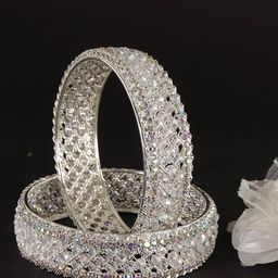 ZULKA Set Of 2 Silver-Plated Artificial Stones and Beads-Studded Kada Bangles-1