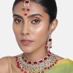 Peora Traditional Rani Pink Crystal Choker Necklace Earring Maang Tikka Jewellery Set-3