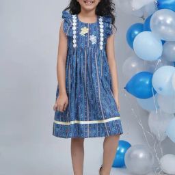 Little Bansi Girls Blue Regular Fit Printed Dress-image-70