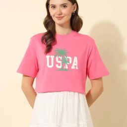 U.S. Polo Assn. Pink Cotton Boxy Fit Logo Printed T-Shirt-image-78