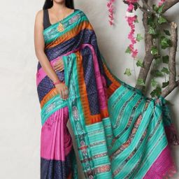 Unnati Silks Pink & Blue Silk Printed Saree With Unstitched Blouse-picture-38