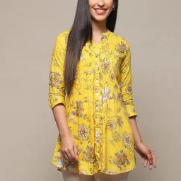 Biba Yellow Printed Cotton Straight Kurti-image-36