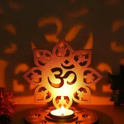 eCraftIndia Golden Mdf Wooden Om Shadow Decorative Tea Light Candle Holder Diya Stand-image-92