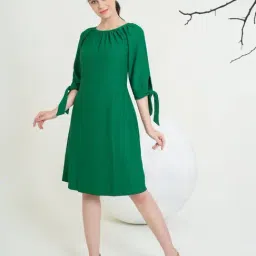 PURVAJA Green Solid Three-Quarter A-Line Dress-image-45