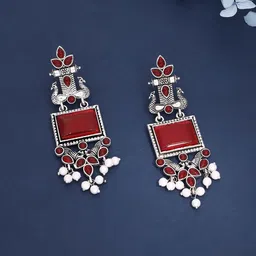 Brado Jewellery Silver-Plated Stones Studded & Beaded Peacock Oxidized Drop Earrings-50