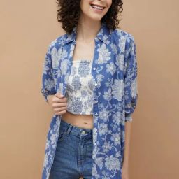 Colour Me by Melange Blue Rayon Flax Regular Fit Printed Top-image-66