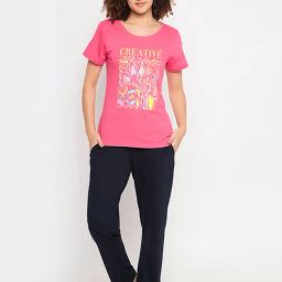 Clovia Pink & Navy Graphic Print Top With Pyjamas-image-34
