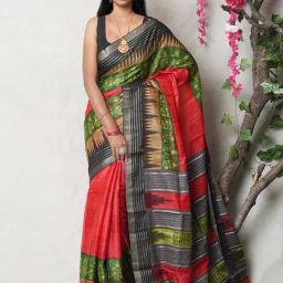 Unnati Silks Red & Grey Silk Printed Saree With Unstitched Blouse-image-53