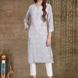 PARAMOUNT CHIKAN Grey Hand Embroidered Chikankari Straight Kurta-image-82