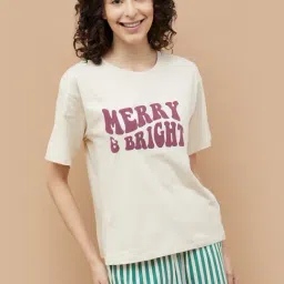Ginger by Lifestyle Beige Cotton Regular Fit Chest Print T-Shirt-image-93