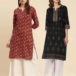Rangita Black & Peach Geometric Print Straight Kurti - Pack of 2-image-74