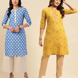 Rangita Blue & Yellow Floral Print Straight Kurti - Pack of 2-image-47