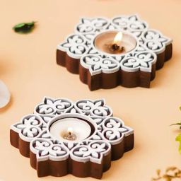 eCraftIndia Set of 2 Wooden Floral Printing Block Decorative Tea Light Candle Holders-7