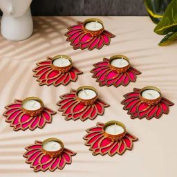 eCraftIndia Golden & Pink Lotus Flower Decorative Tea Light Candle Holders (Set of 8)-7