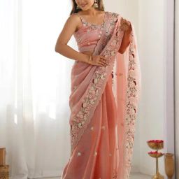 Saree Mall Peach Organza Embellished Saree with Blouse Piece-picture-16