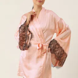 ETC Satin Finish Lace Inserted Kimono Sleeves Bathrobe-image-47
