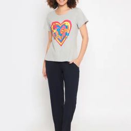 Clovia Blue & Grey Graphic Print Top With Pyjamas-image-41