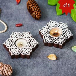 eCraftIndia Set of 4 Wooden Floral Printing Block Decorative Tea Light Candle Holders-2