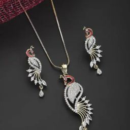 Zeneme Rhodium Plated Silver Toned Grey American Diamond Jewellery Set-6