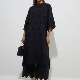 Zuba by Westside Black Cut Work Detailed Linen-Blend A-Line Kurta-image-16