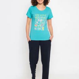 Clovia Sky Blue & Navy Graphic Print Top With Pyjamas-picture-12