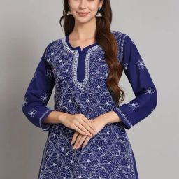 PARAMOUNT CHIKAN Royal Blue Cotton Hand Embroidered Chikankari Straight Kurti-picture-17