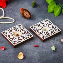 eCraftIndia Set of 2 Square Wooden Floral Block Print Decorative Tea Light Holders-8