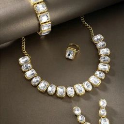 Peora Gold-Plated White Crystal Necklace with Drop Earrings Bracelet Finger Ring Jewellery Set-image-53