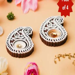 eCraftIndia Buta Paisley Shape Wooden Block Print Decorative T Light Holders,Set of 4-3