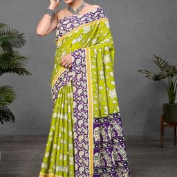Suha Olive Pure Cotton Printed Block Print Sarees-picture-1