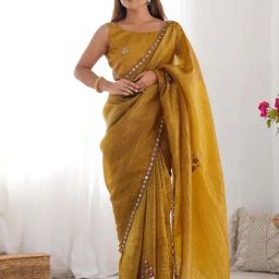 Saree Mall Mustard Organza Embellished Saree with Blouse Piece-picture-46